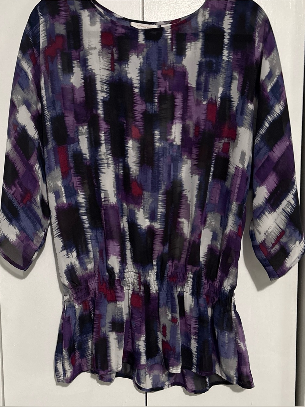 Chico's Black White Purple Sheer Print 3/4 Sleeve Blouse Top Size 1